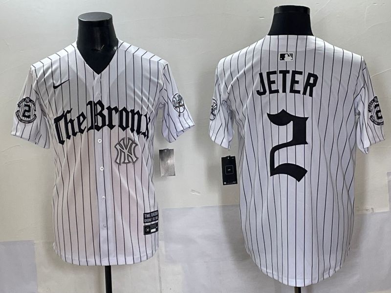 Men 2025 New York Yankees #2 Jeter White Stripe Five generations Joint Name Nike MLB Jersey style 011